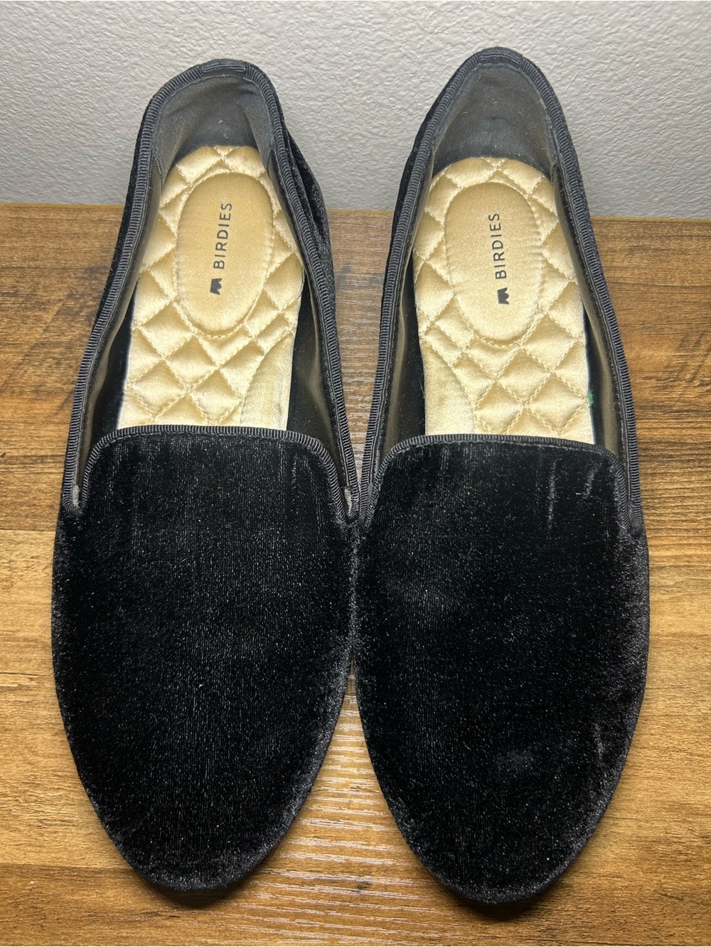 Birdies Black Velvet Quilted-Insole Slip-On Flats